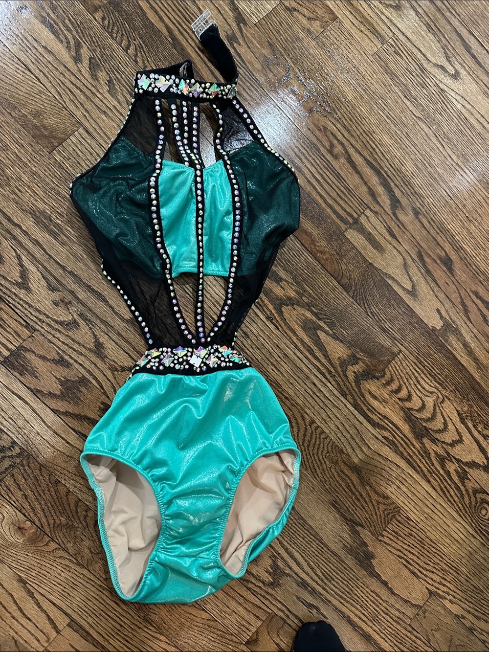 Glamour Teal and Black Jeweled One-Piece Dance Costume